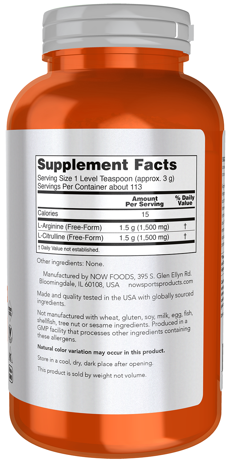 NOW Sports, Arginine & Citrulline Powder, 1:1 Ratio, Amino Acid, 12 oz