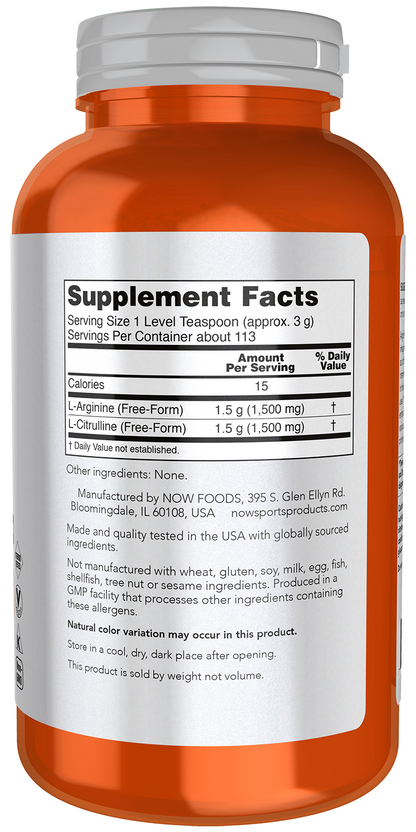NOW Sports, Arginine & Citrulline Powder, 1:1 Ratio, Amino Acid, 12 oz