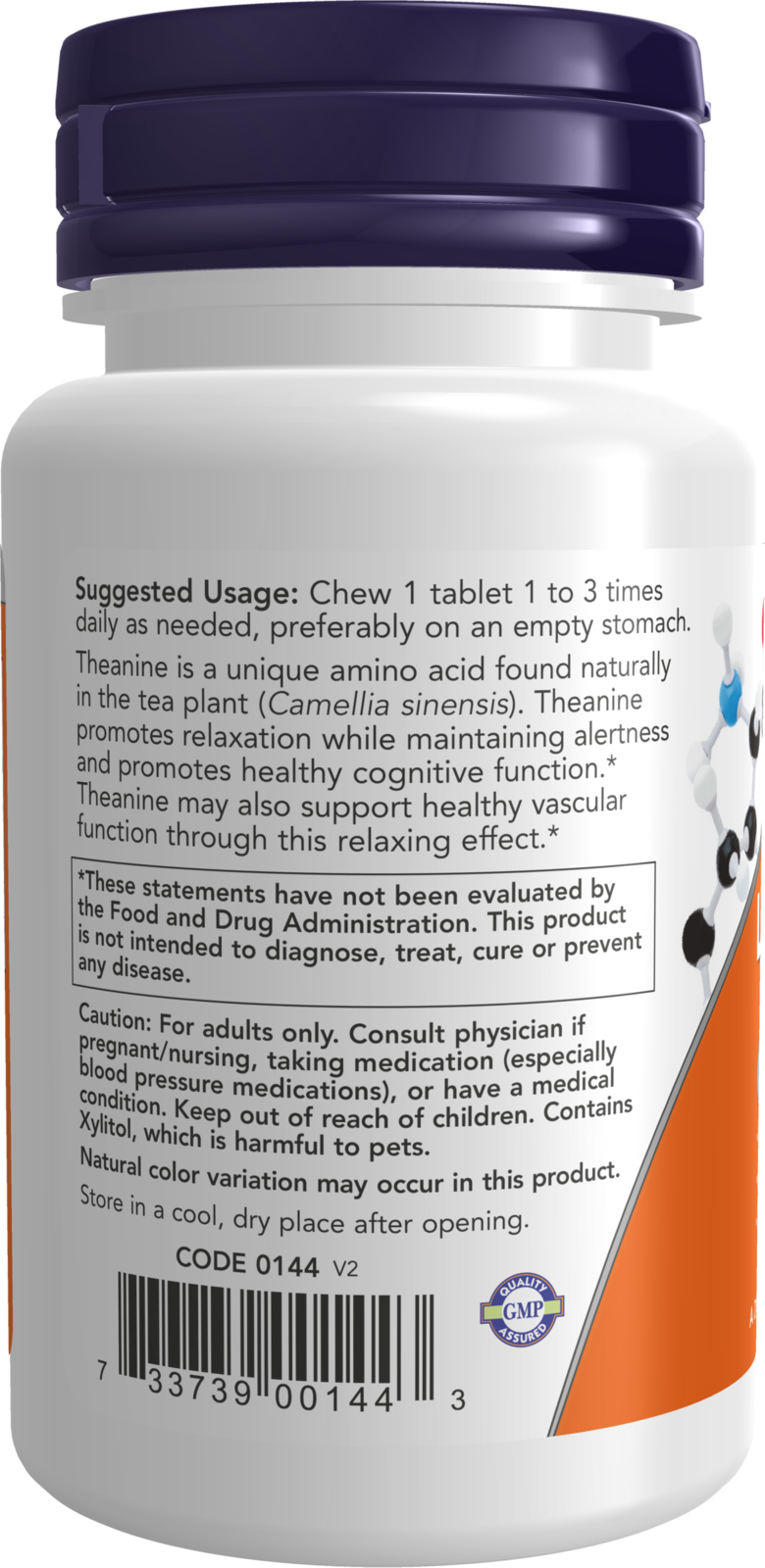 NOW Supplements, L-Theanine 100 mg with Inositol and Taurine, 90 Chewables