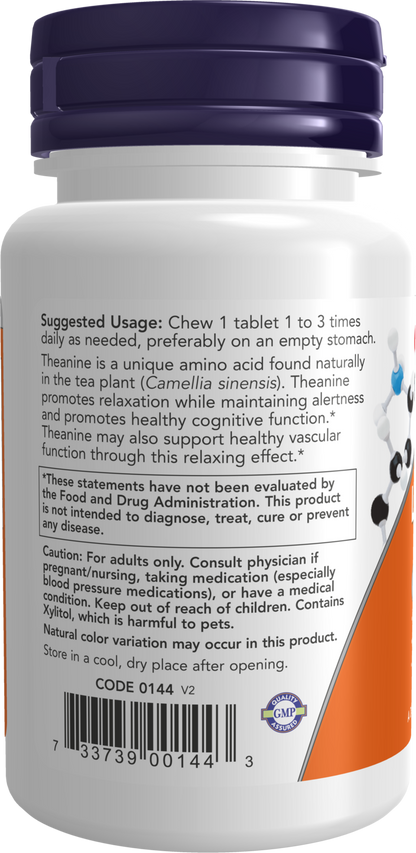 NOW Supplements, L-Theanine 100 mg with Inositol and Taurine, 90 Chewables