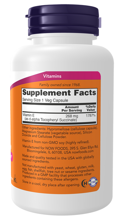 NOW Supplements, Vitamin E-400 IU D-Alpha Tocopheryl, Dry, 100 Veg Caps
