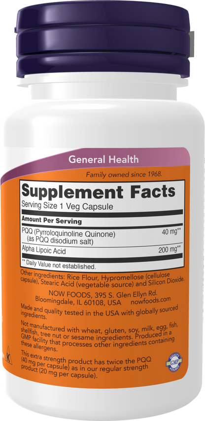 NOW Supplements, PQQ 40 mg with 200 mg Alpha Lipoic Acid, 50 Veg Caps