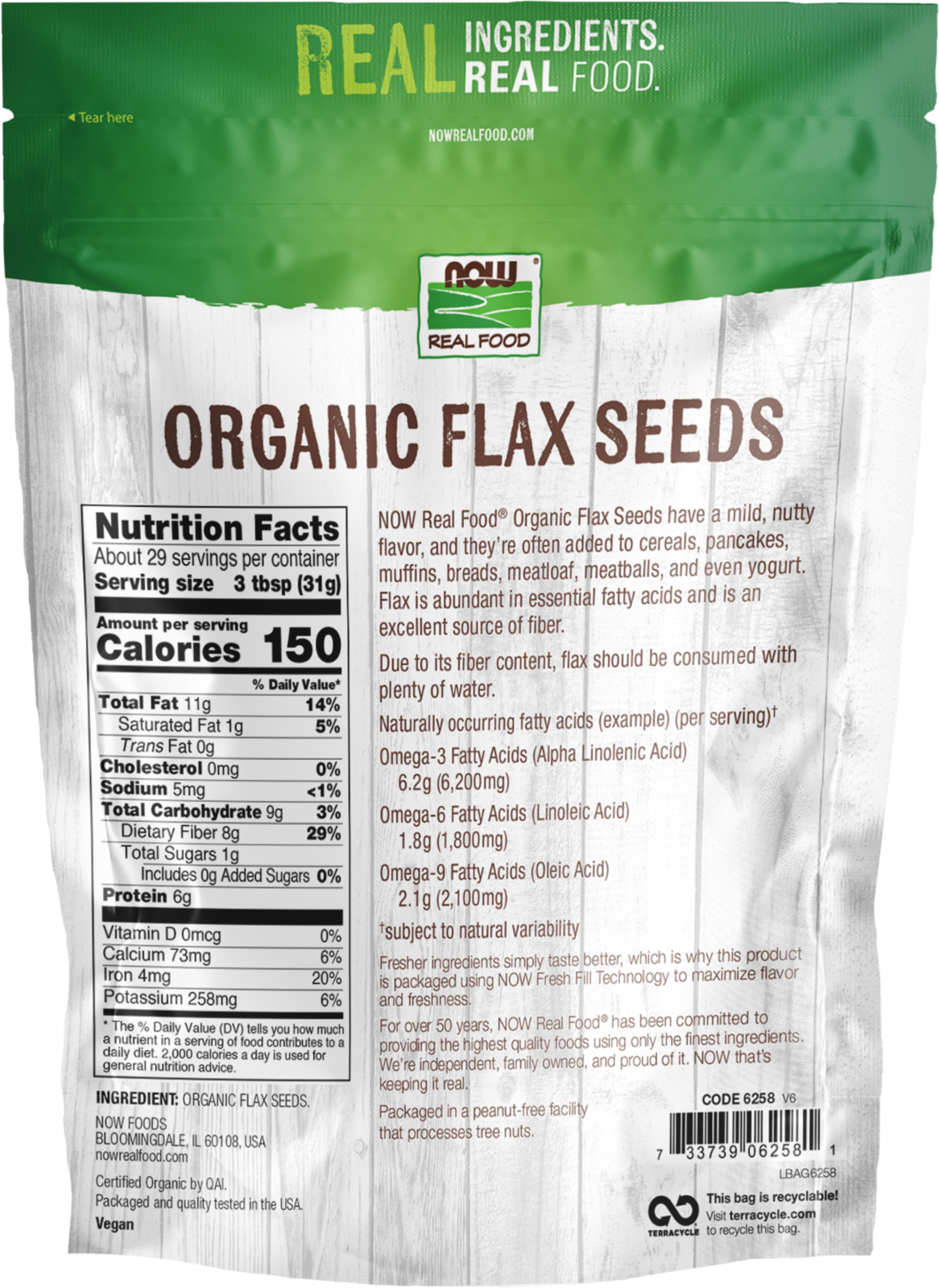 NOW Foods, Organic Flax Seeds, Excellent Source of Fiber, 2 lbs