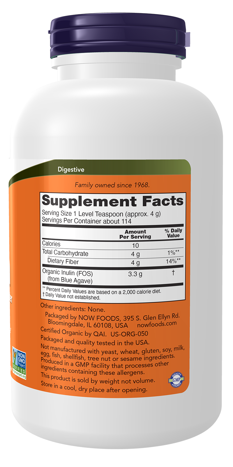 NOW Supplements, Inulin Prebiotic Pure Powder, Certified Organic, 1 lb