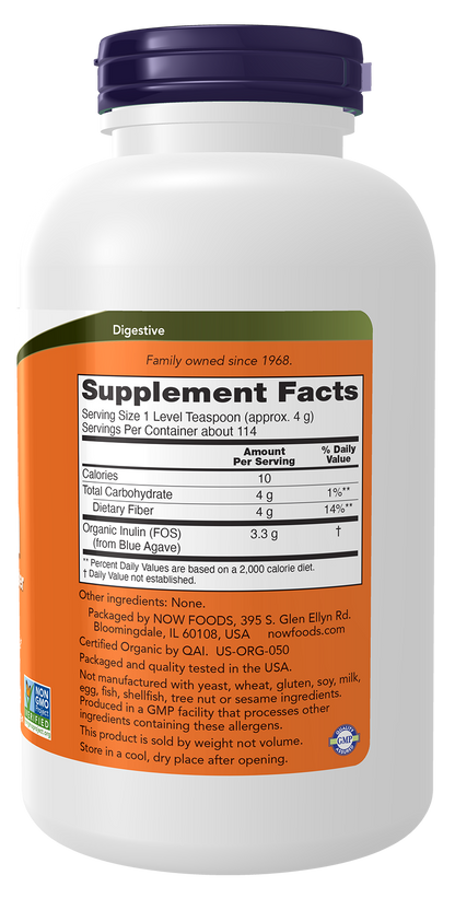 NOW Supplements, Inulin Prebiotic Pure Powder, Certified Organic, 1 lb