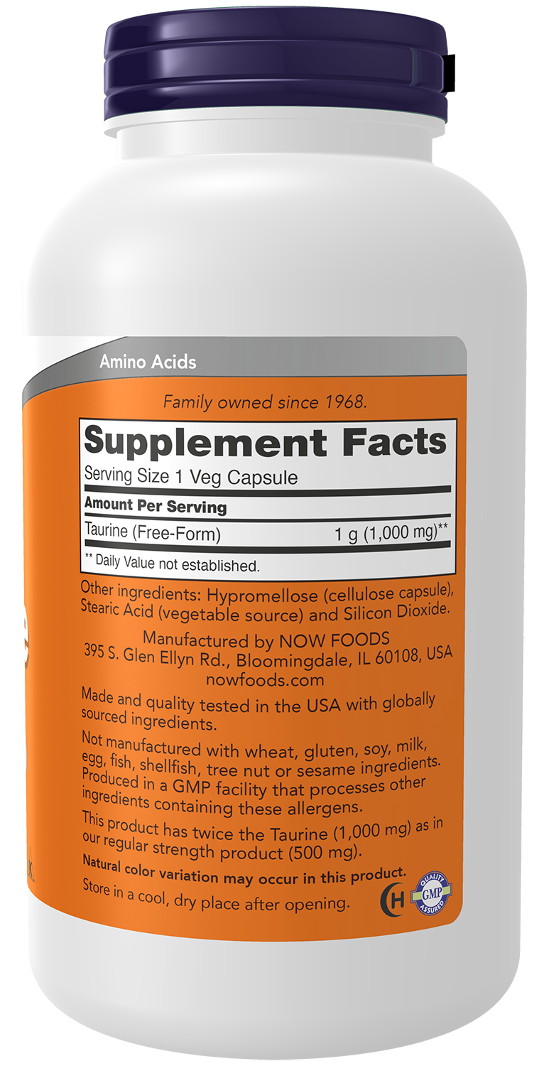 NOW Supplements, Taurine 1,000 mg, Double Strength, 250 Veg Caps