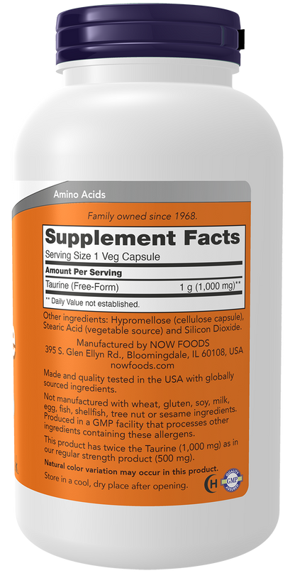NOW Supplements, Taurine 1,000 mg, Double Strength, 250 Veg Caps