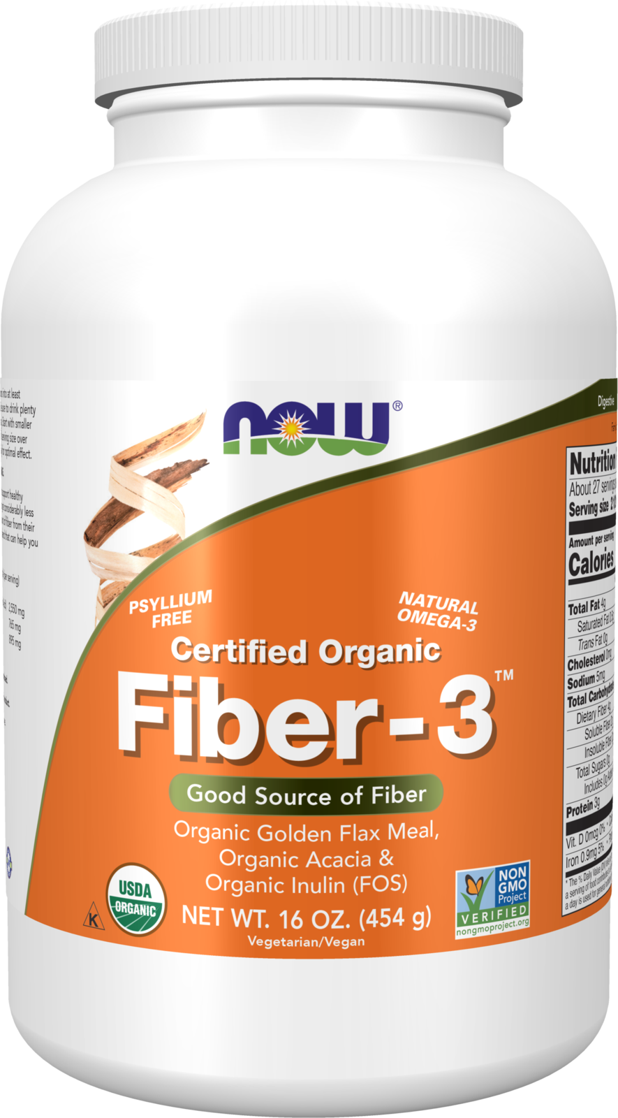 NOW Supplements, Organic Fiber-3, Psyllium Free, w/ Golden Flax Meal, 16 oz