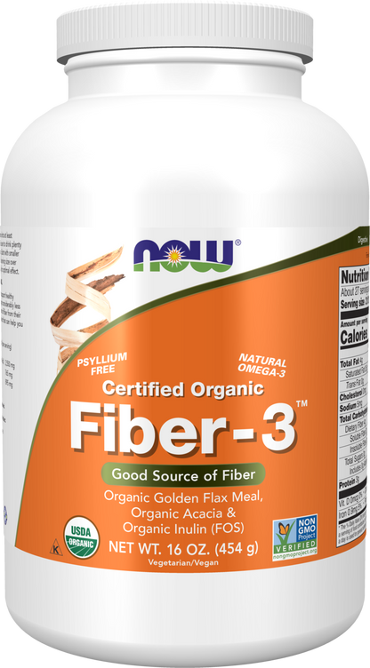 NOW Supplements, Organic Fiber-3, Psyllium Free, w/ Golden Flax Meal, 16 oz