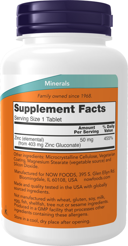 NOW Supplements, Zinc (Zinc Gluconate) 50 mg, Immune Support*, 250 Tabs