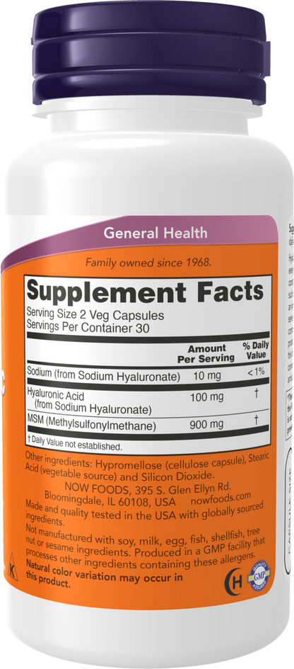 NOW Supplements, Hyaluronic Acid 50 mg, MSM, Joint Support*, 60 Veg Caps