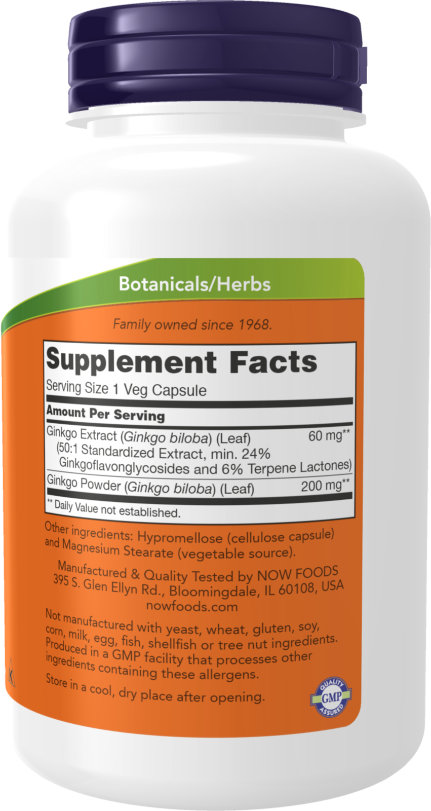 NOW Supplements, Ginkgo Biloba 60 mg, 24% Standardized Extract, Non-GMO Project Verified, 240 Veg Capsules