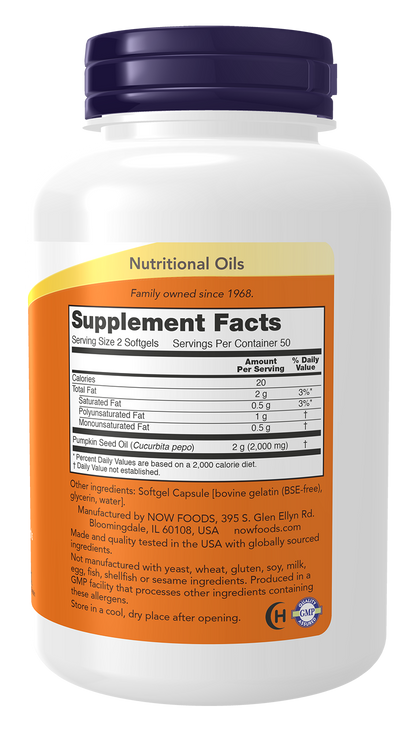 NOW Supplements, Pumpkin Seed Oil 1000 mg, Cold Pressed, 100 Softgels