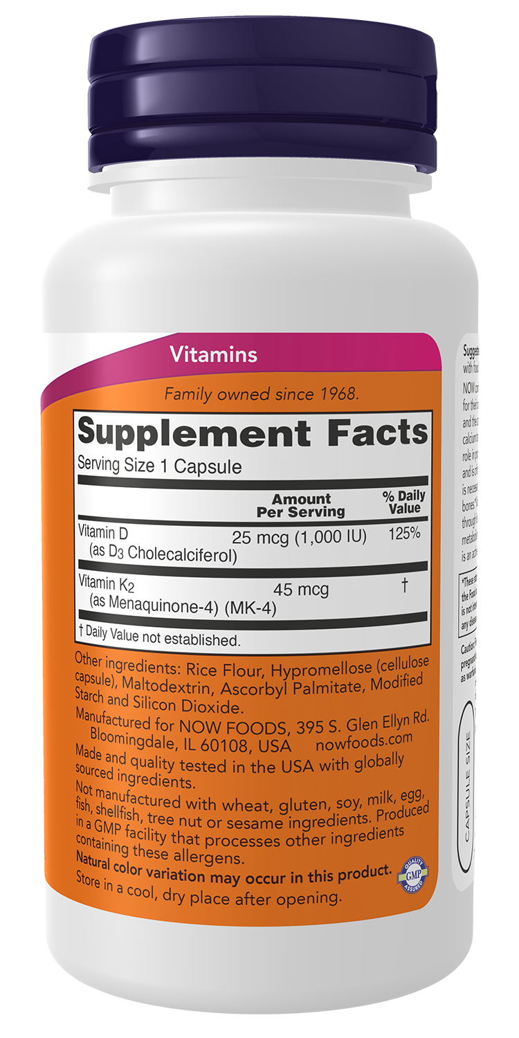 NOW Supplements, Vitamin D-3 & K-2, 1,000 IU/45 mcg, 120 Veg Caps