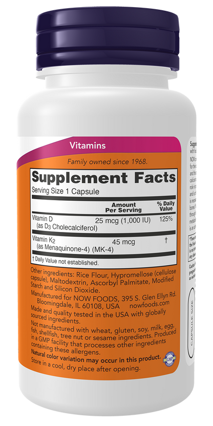 NOW Supplements, Vitamin D-3 & K-2, 1,000 IU/45 mcg, 120 Veg Caps