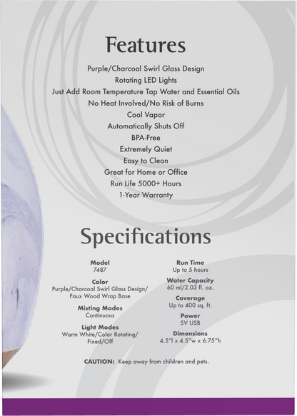 NOW Solutions, Ultrasonic USB Glass Swirl Aromatherapy Oil Diffuser