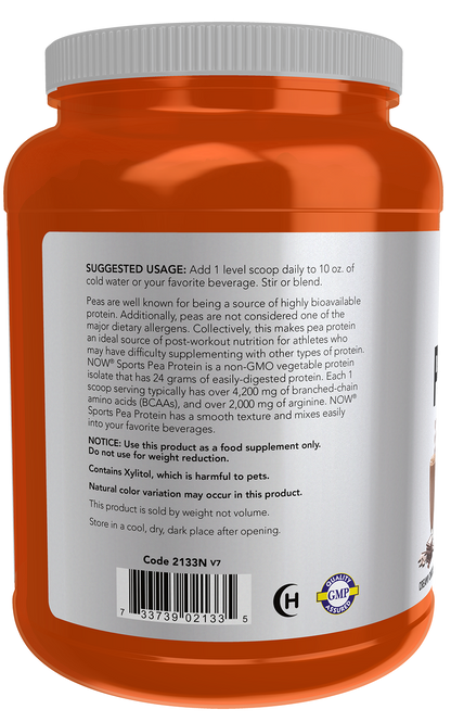 NOW Sports, Pea Protein 24 g, Easily Digested, Creamy Chocolate, 2 lbs