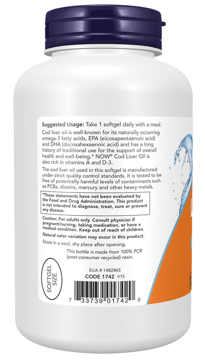 NOW Supplements, Cod Liver Oil 650 mg, Vitamins A & D-3, 250 Softgels