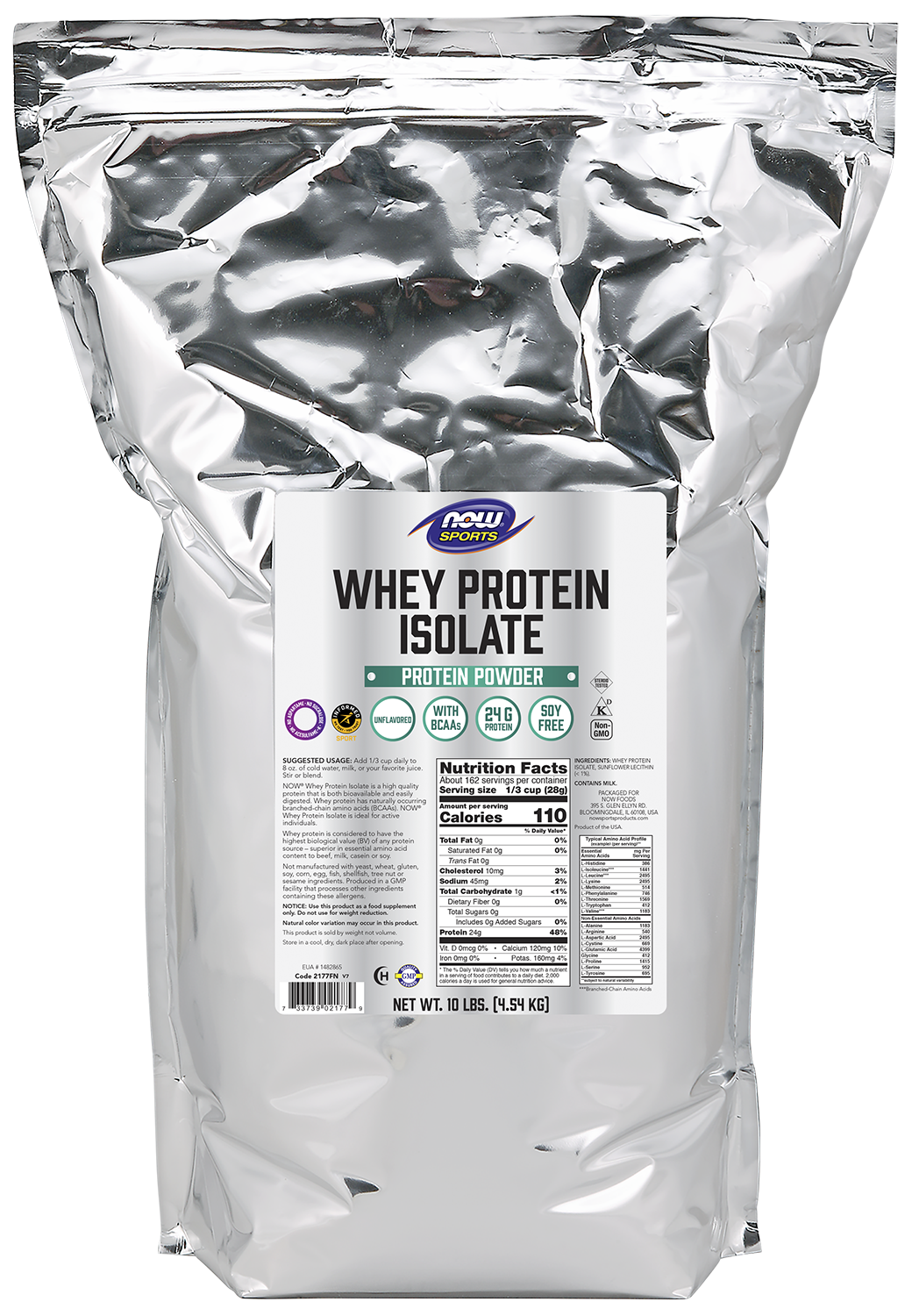 NOW Sports, Whey Protein Isolate 24 g With BCAAs, Unflavored Powder, 10 lbs