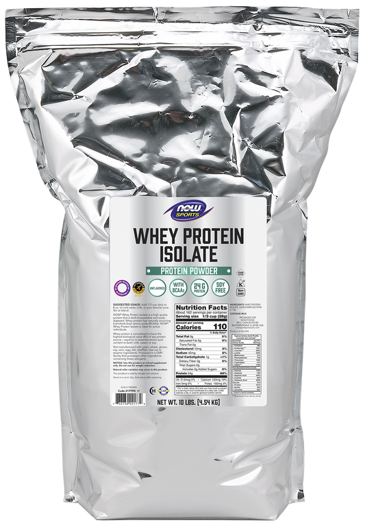 NOW Sports, Whey Protein Isolate 24 g With BCAAs, Unflavored Powder, 10 lbs