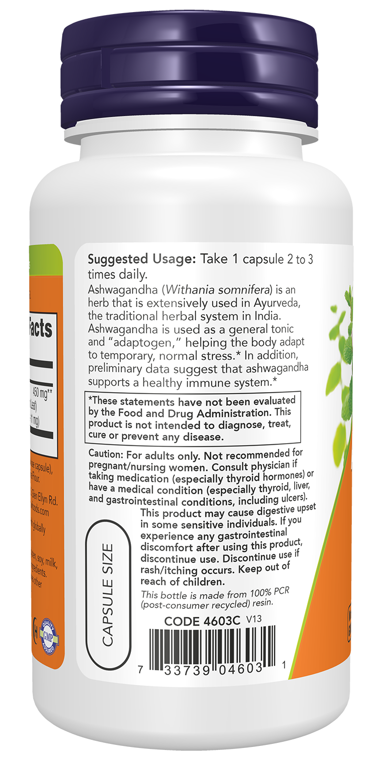 NOW Supplements, Ashwagandha 450 mg (Standardized Extract), 90 Veg Caps