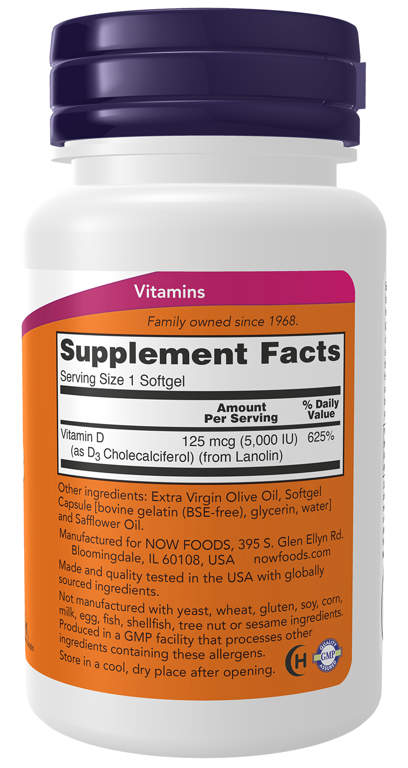 NOW Supplements, Vitamin D-3 5,000 IU, Structural Support*, 120 Softgels