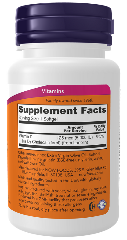 NOW Supplements, Vitamin D-3 5,000 IU, Structural Support*, 120 Softgels