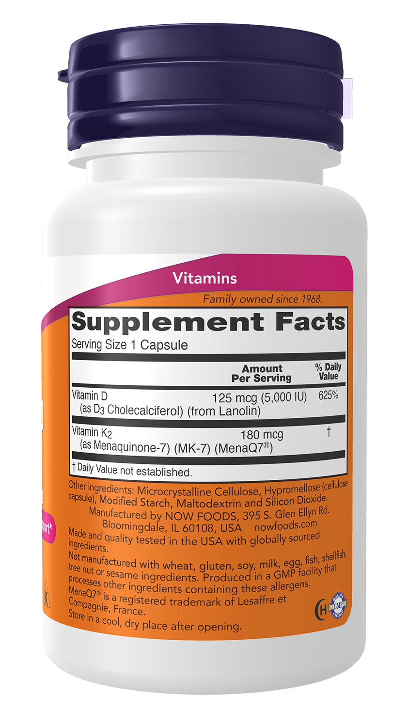NOW Supplements, Mega D-3 & MK-7, 5000 IU / 180 mcg, 30 Caps