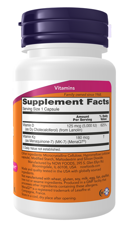 NOW Supplements, Mega D-3 & MK-7, 5000 IU / 180 mcg, 30 Caps