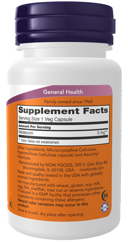 NOW Supplements, Melatonin 5 mg, Healthy Sleep Cycle*, 60 Veg Caps