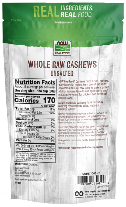NOW Foods, Whole Cashews, Raw, Unsalted, Good source of Iron, 10 oz
