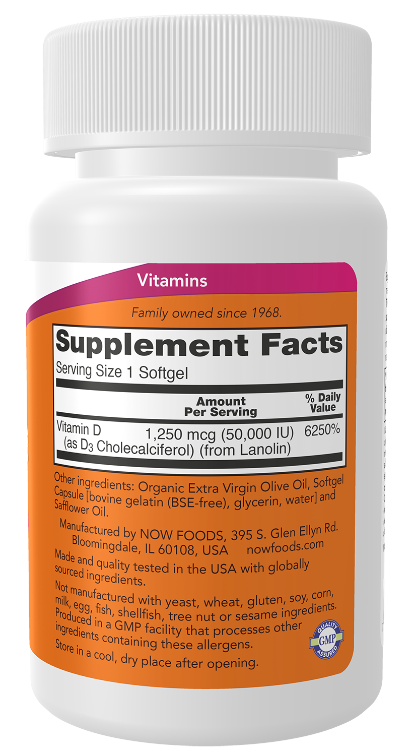 NOW Supplements, Vitamin D3 50,000 IU Softgels, 50 softgels