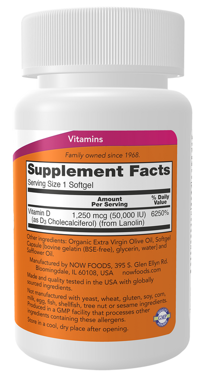 NOW Supplements, Vitamin D3 50,000 IU Softgels, 50 softgels
