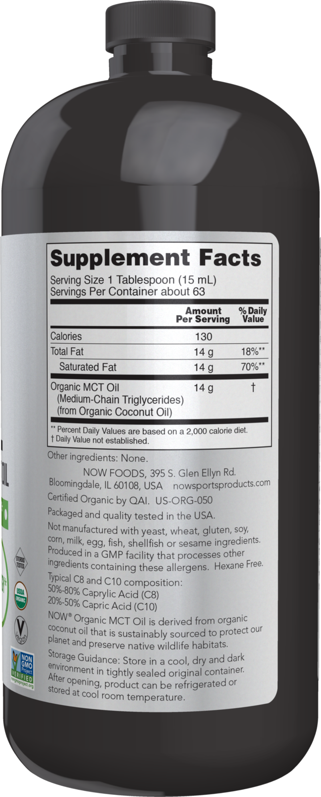 NOW Sports, Organic MCT Oil 14 g, Plastic Bottle, 32 fl. oz