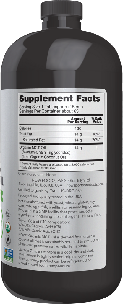 NOW Sports, Organic MCT Oil 14 g, Plastic Bottle, 32 fl. oz