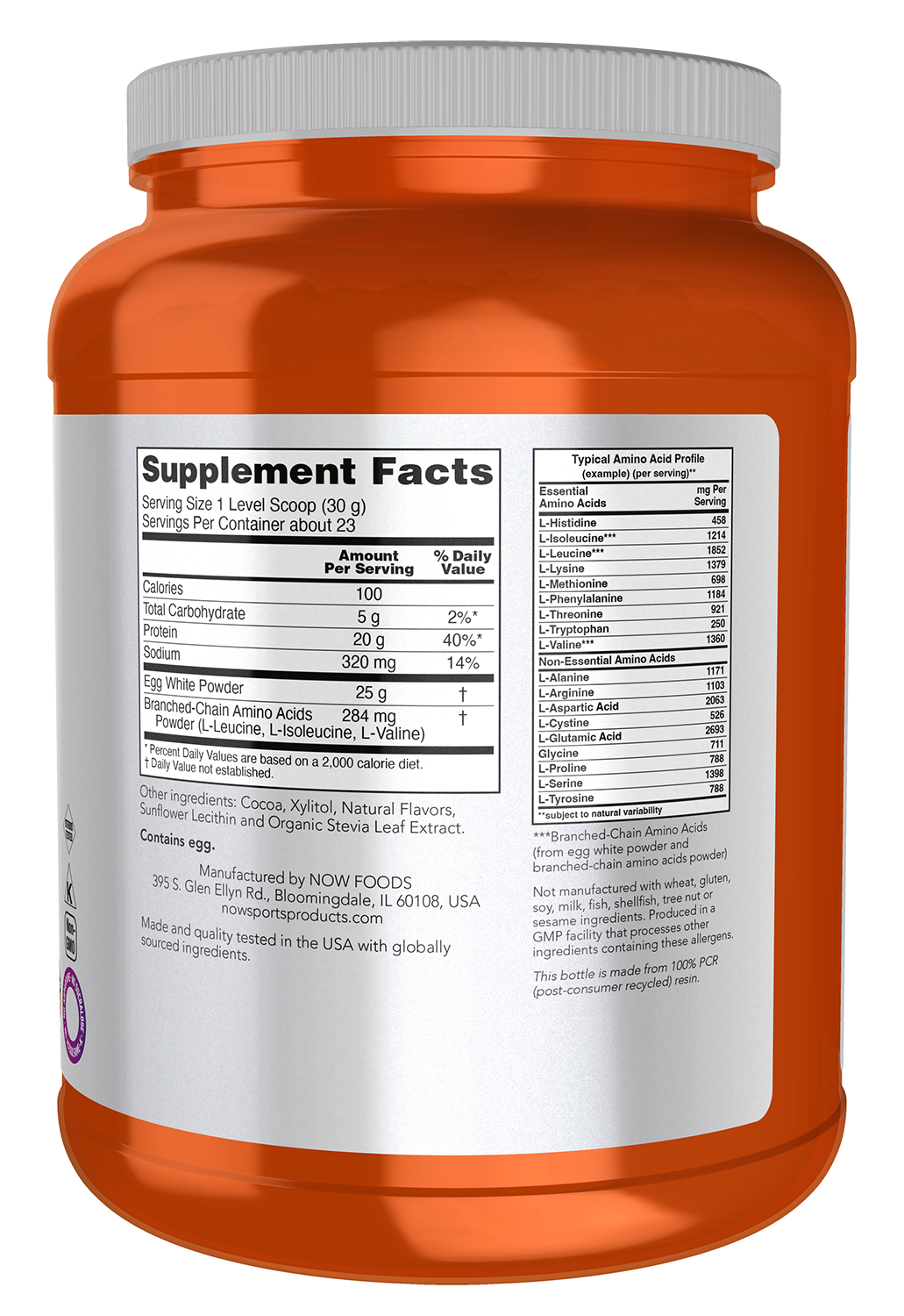 NOW Sports, Egg White Protein, 20g w/BCAAs, Creamy Chocolate, 1.5 lbs