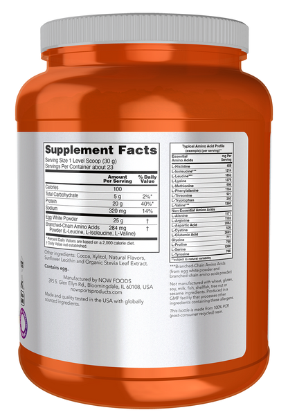 NOW Sports, Egg White Protein, 20g w/BCAAs, Creamy Chocolate, 1.5 lbs