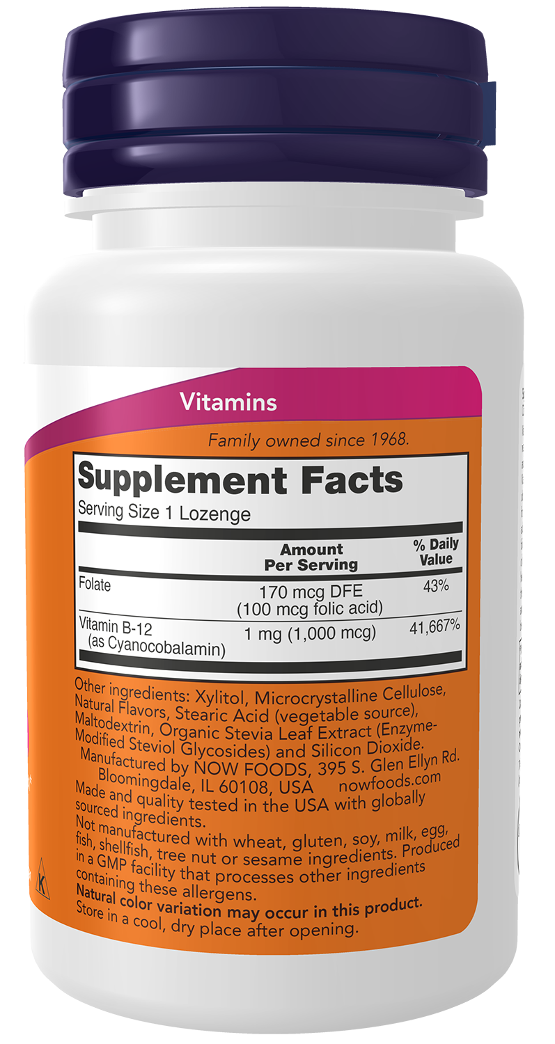 NOW Supplements, Vitamin B-12 1,000 mcg w Folic Acid, 100 Chewable Lozenges