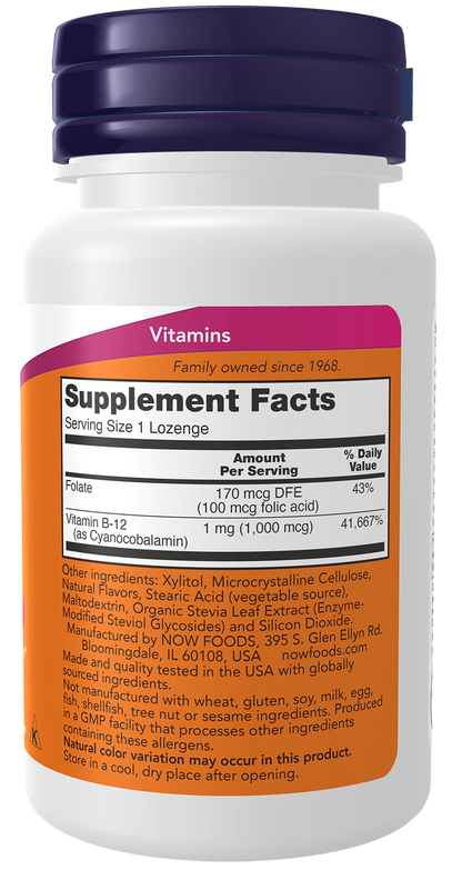 NOW Supplements, Vitamin B-12 1,000 mcg w Folic Acid, 100 Chewable Lozenges
