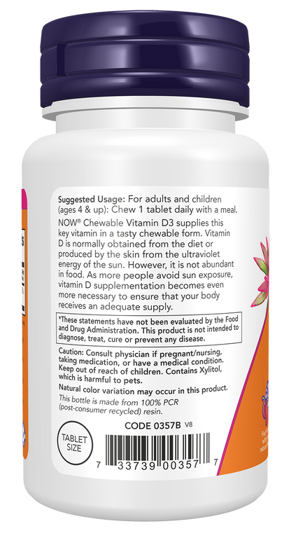 NOW Supplements, Vitamin D-3 1,000 IU, Structural Support*, 180 Chewables