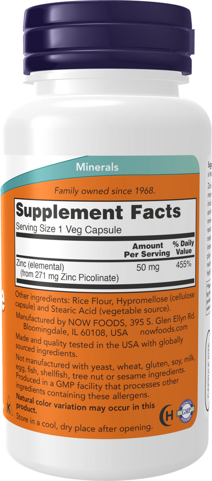 NOW Supplements, Zinc Picolinate 50 mg, Immune Support*, 120 Veg Caps