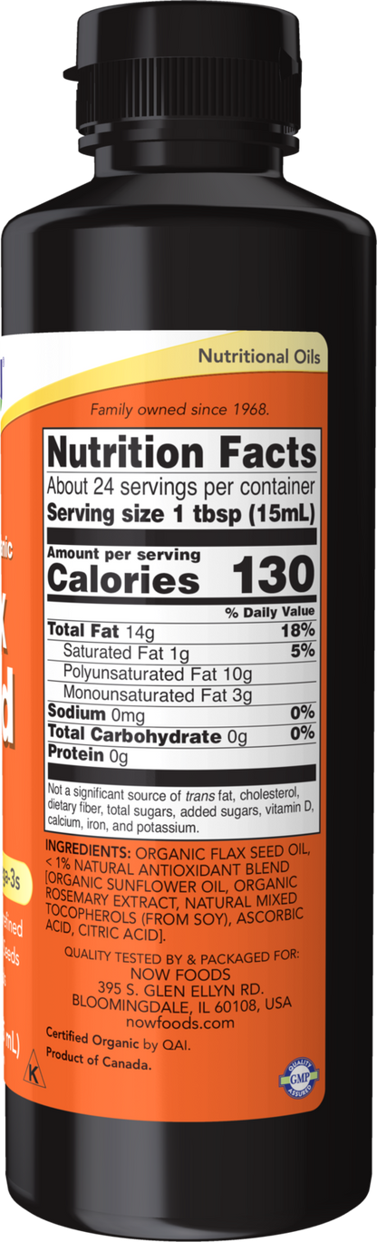 NOW Supplements, Organic Flax Seed Oil Liquid, Unrefined, 12 fl. oz