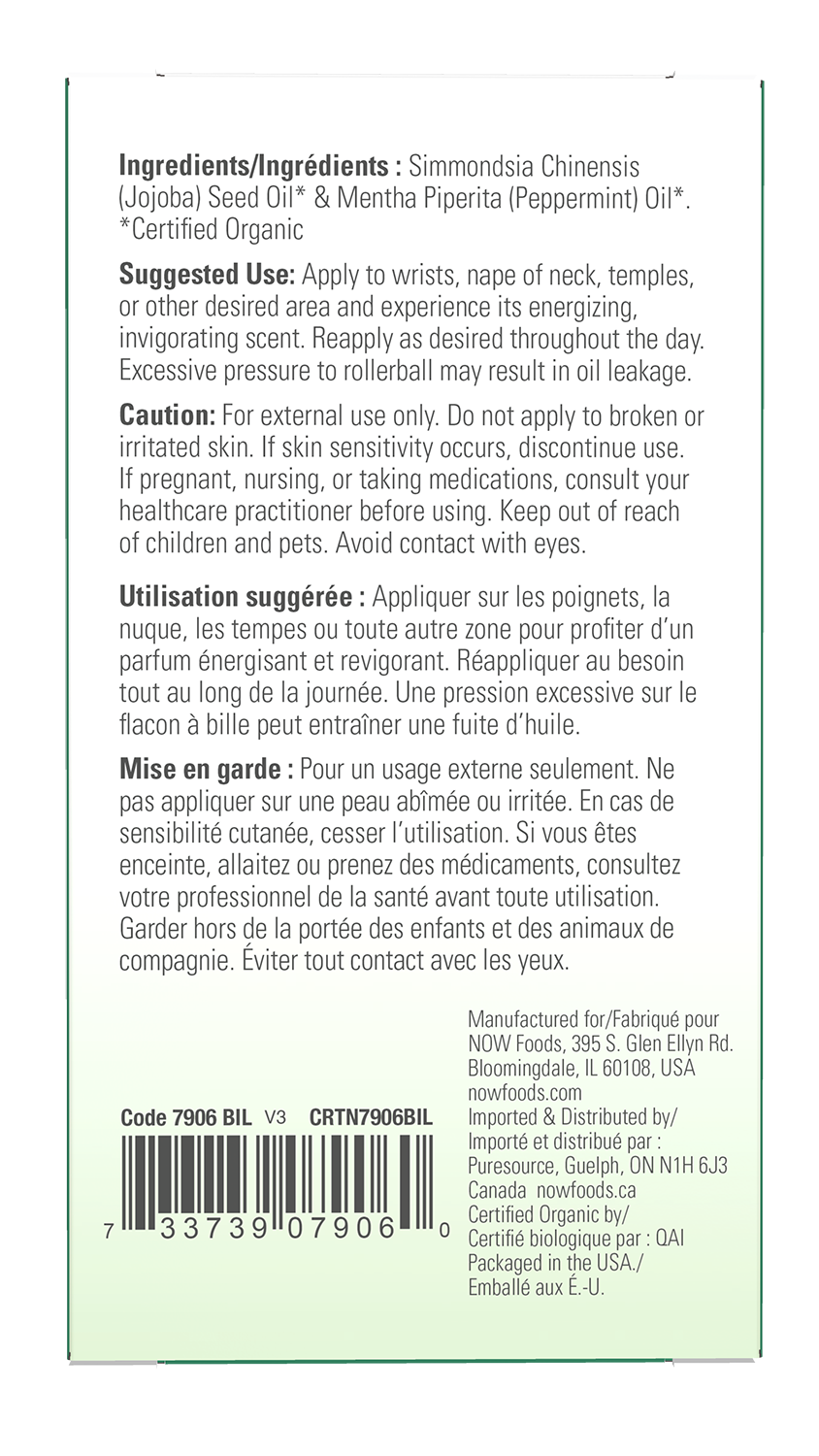 NOW Essential Oils, Organic Peppermint Energizing Roll-On, 10 mL