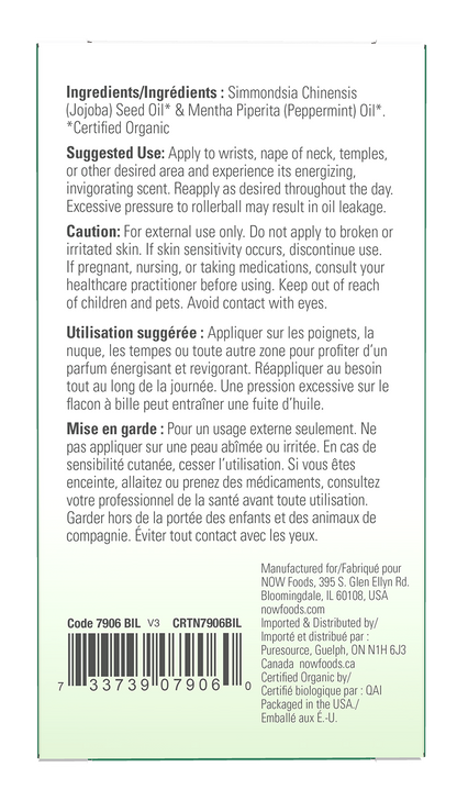 NOW Essential Oils, Organic Peppermint Energizing Roll-On, 10 mL