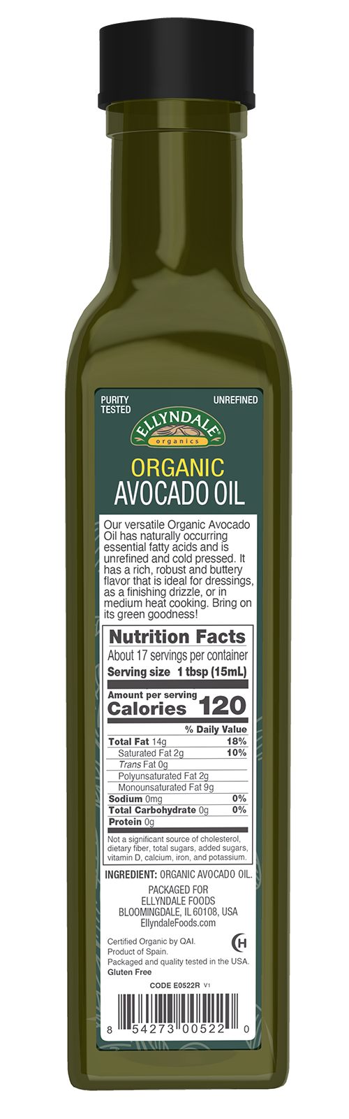 Ellyndale® Avocado Cooking Oil, Organic, Glass Bottle, 6 x 8.45 fl. oz.