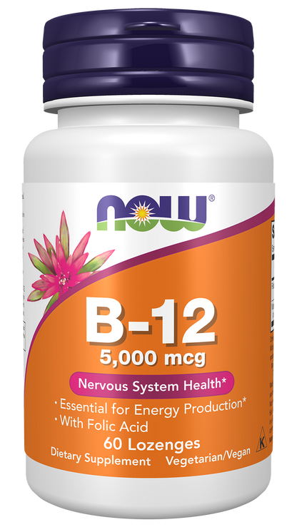 NOW Supplements, Vitamin B-12 5,000 mcg, With Folic Acid, 60 Lozenges