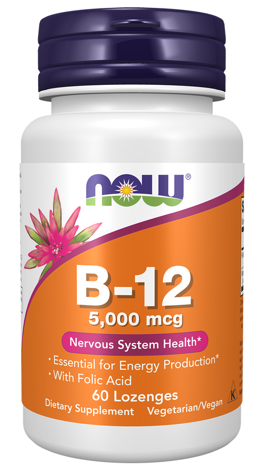 NOW Supplements, Vitamin B-12 5,000 mcg, With Folic Acid, 60 Lozenges