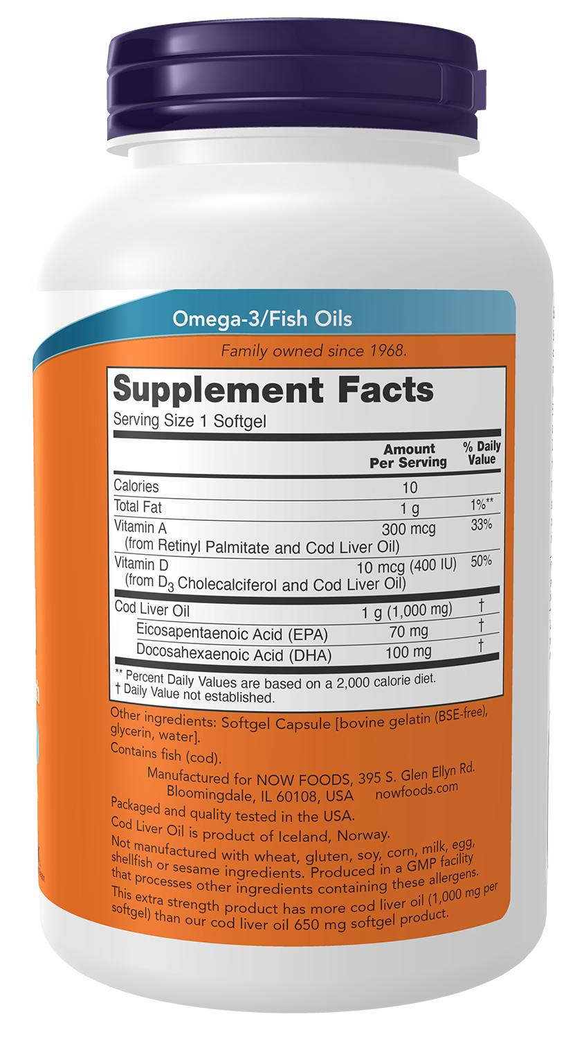 NOW Supplements, Cod Liver Oil 1,000 mg, EPA, DHA, 180 Softgels