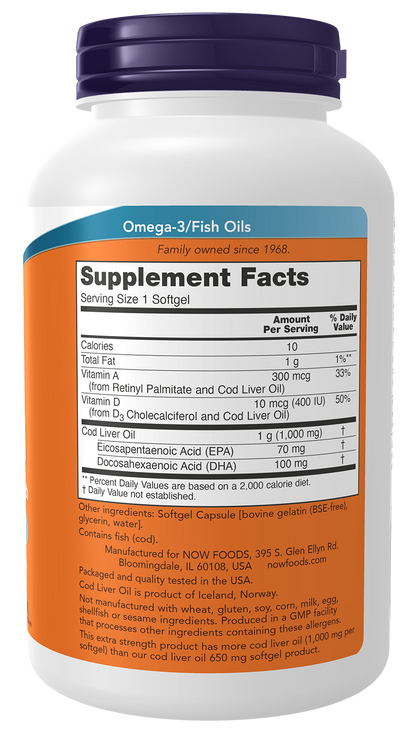 NOW Supplements, Cod Liver Oil 1,000 mg, EPA, DHA, 180 Softgels