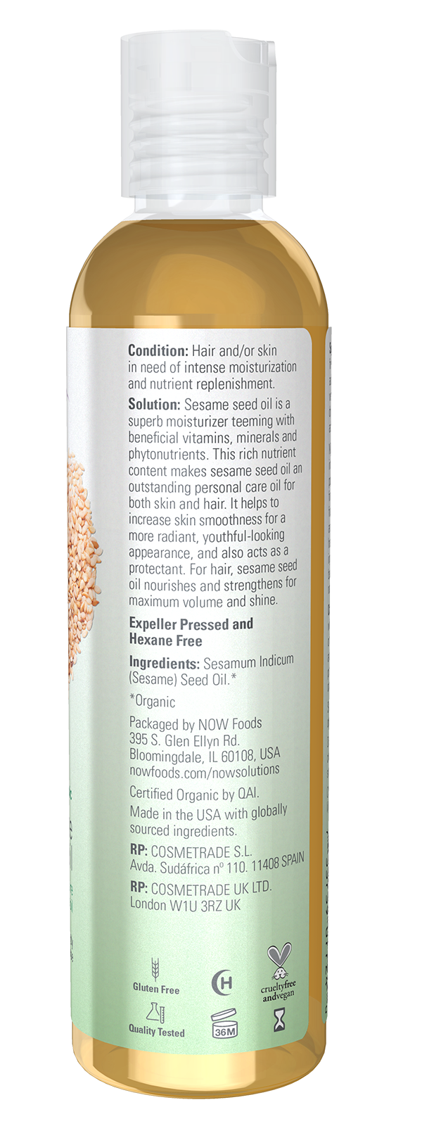 NOW Solutions, Organic Sesame Seed Oil, Moisturizing, 8 fl. oz